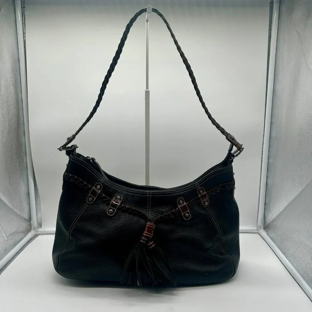 Brighton Leather Woven Tassel Shoulder Bag Black Brown Rectangle Pockets Zipper‎